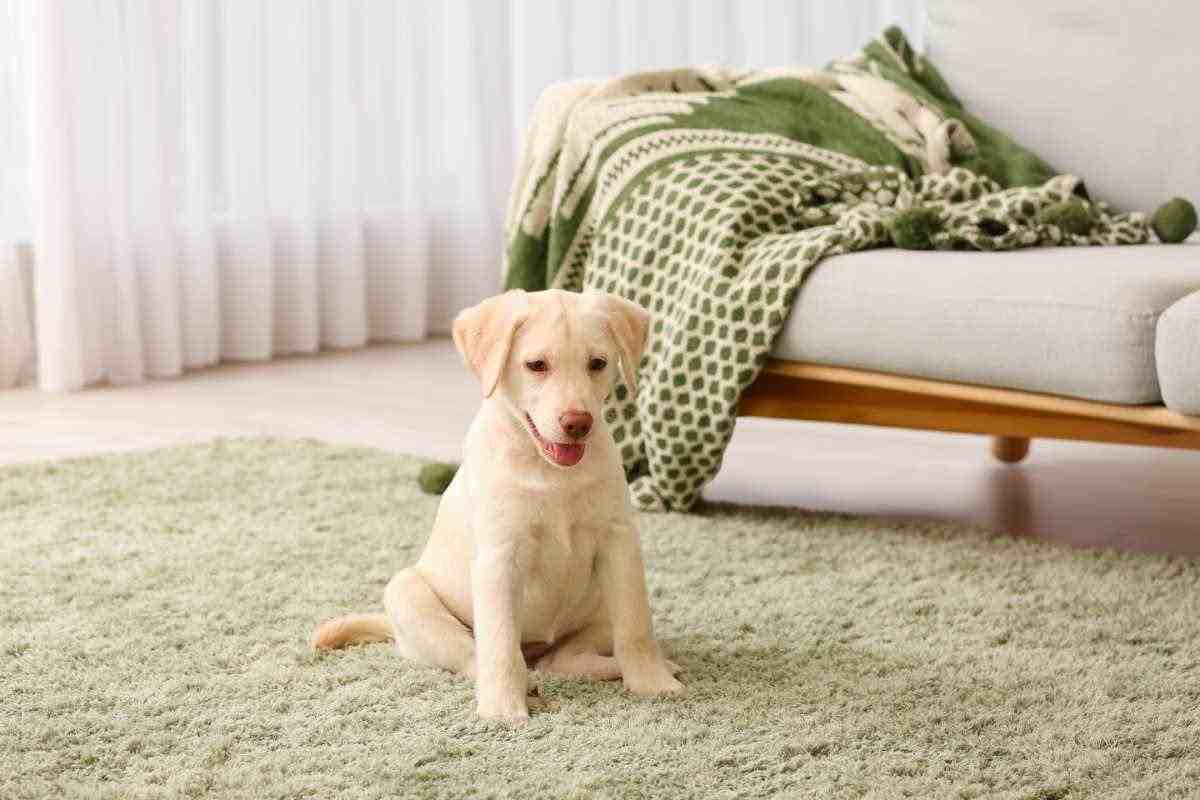 Cucciolo di cane sul tappeto di casa