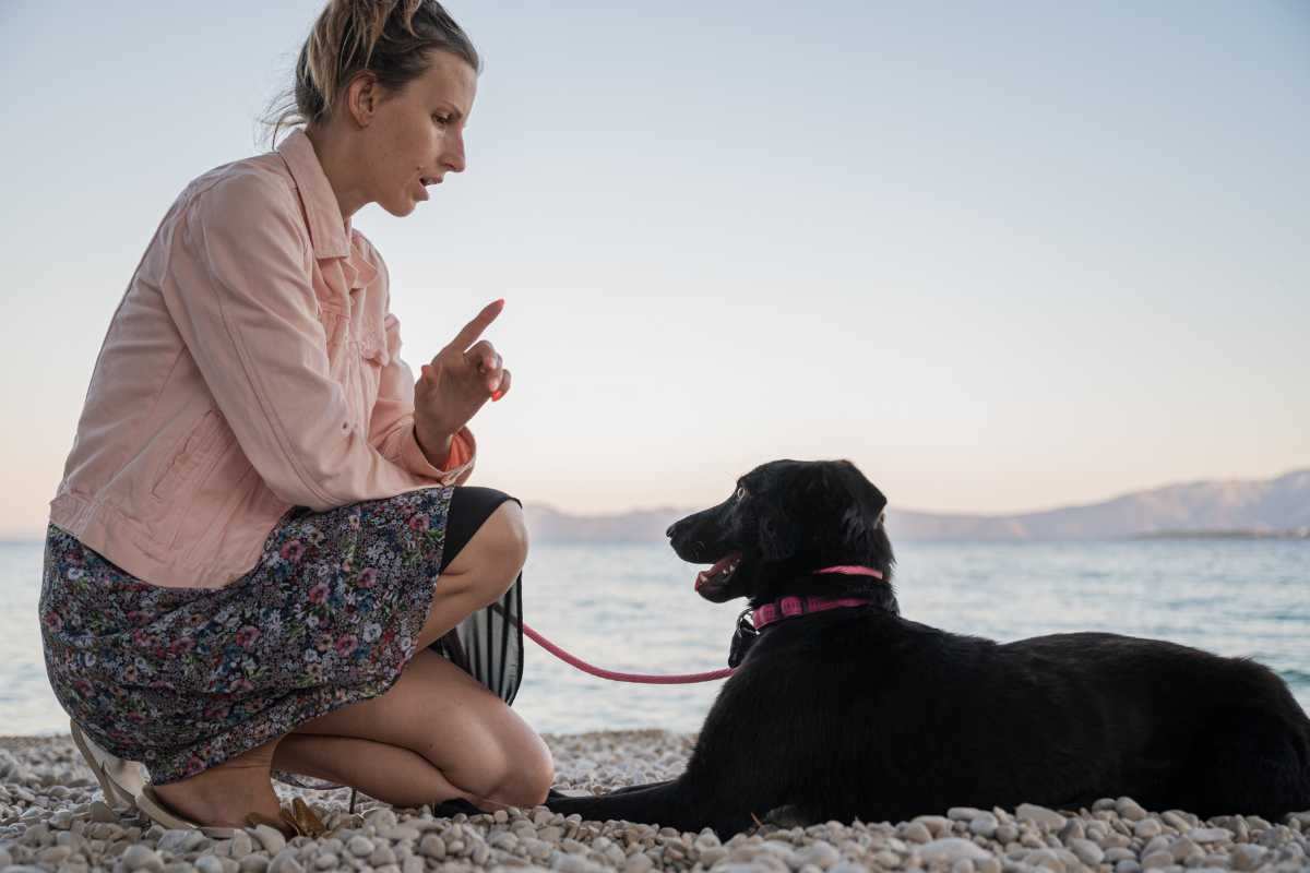 cane con la proprietaria in spiaggia