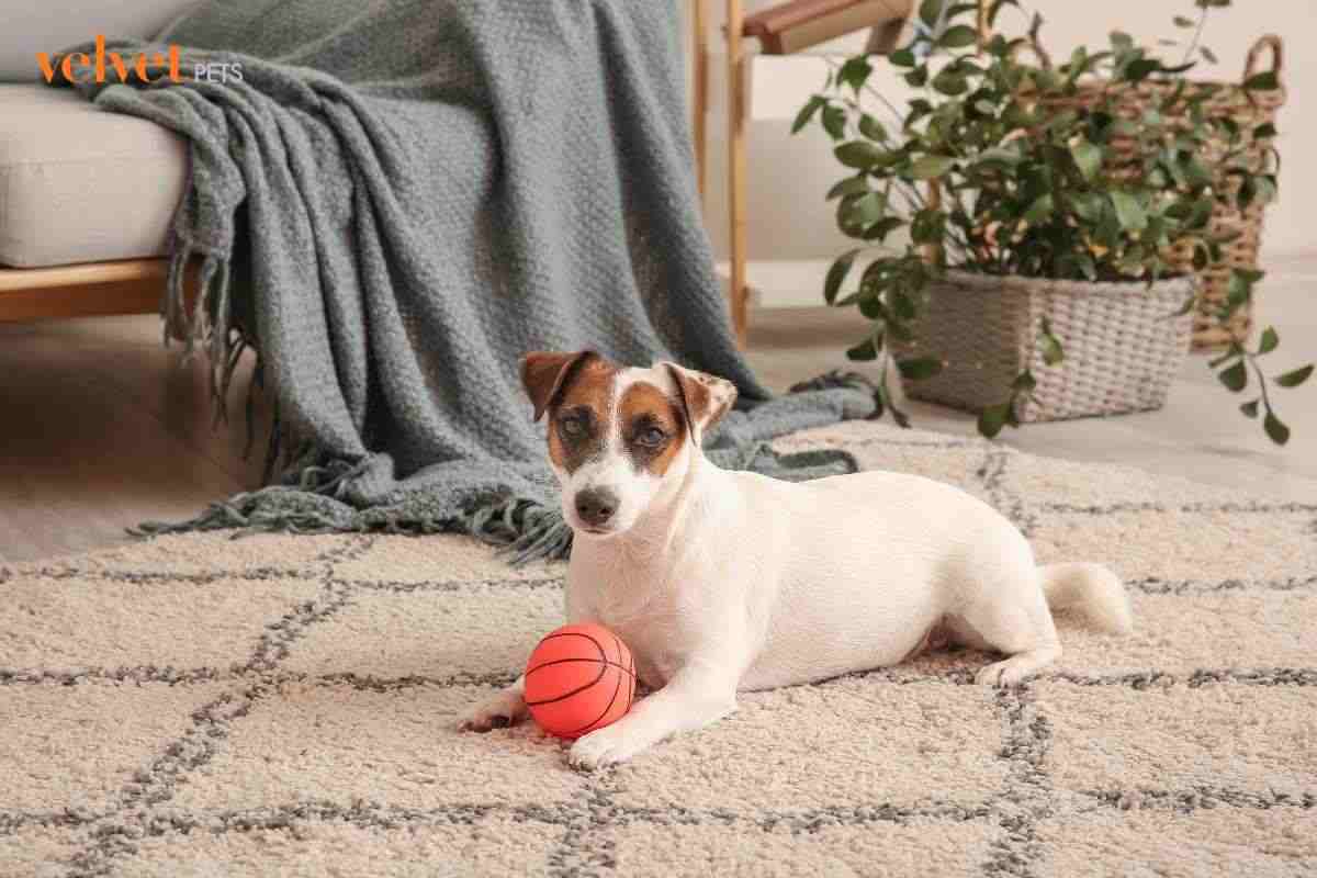 jack russell con una pallina in appartamento